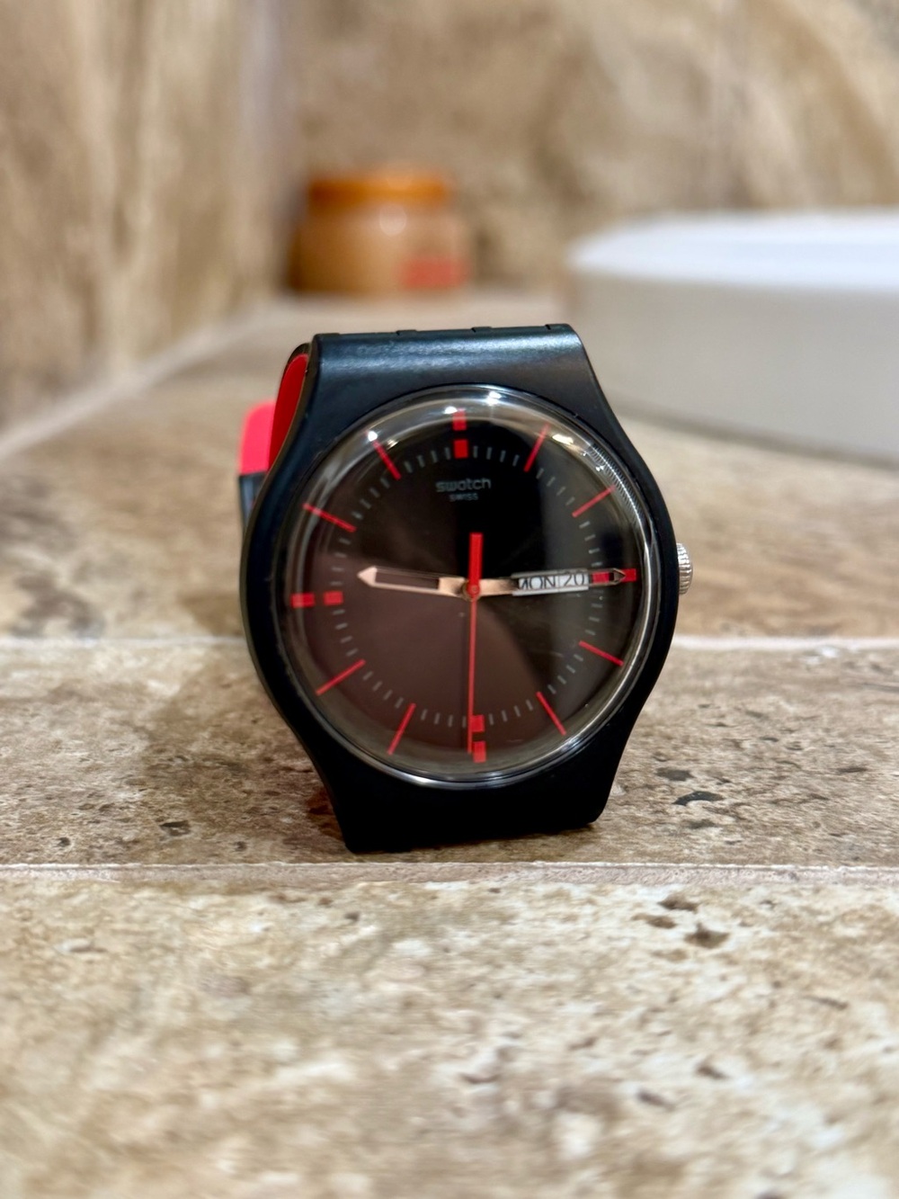 Swatch Black Watch with Red Accents and Day-Date